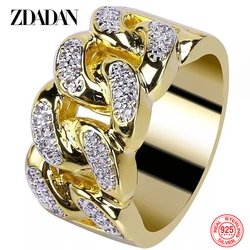 ZDADAN 925 Sterling Silver 18K Gold Zircon Ring For Men Women Fashion Jewelry Party Gift