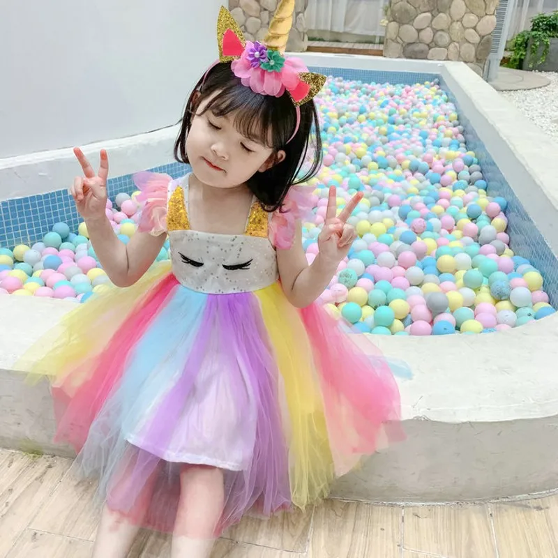 Summer Baby Kids Girls Rainbow Unicorn Dress Birthday Tulle Fashion Princess Dress Fleap Sleeves Tulle Princess Wear Summer