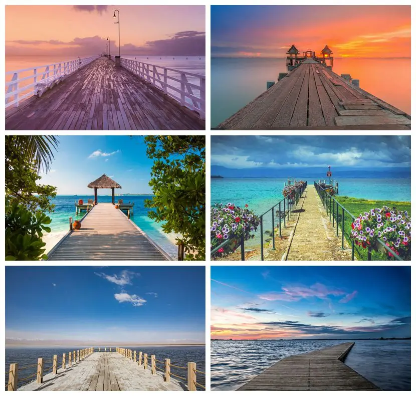 Laeacco الغيوم البحر الخشب جسر الاستوائية الصيف عطلة خلفيات للتصوير الفوتوغرافي صور خلفيات للصور استوديو فوتوزون