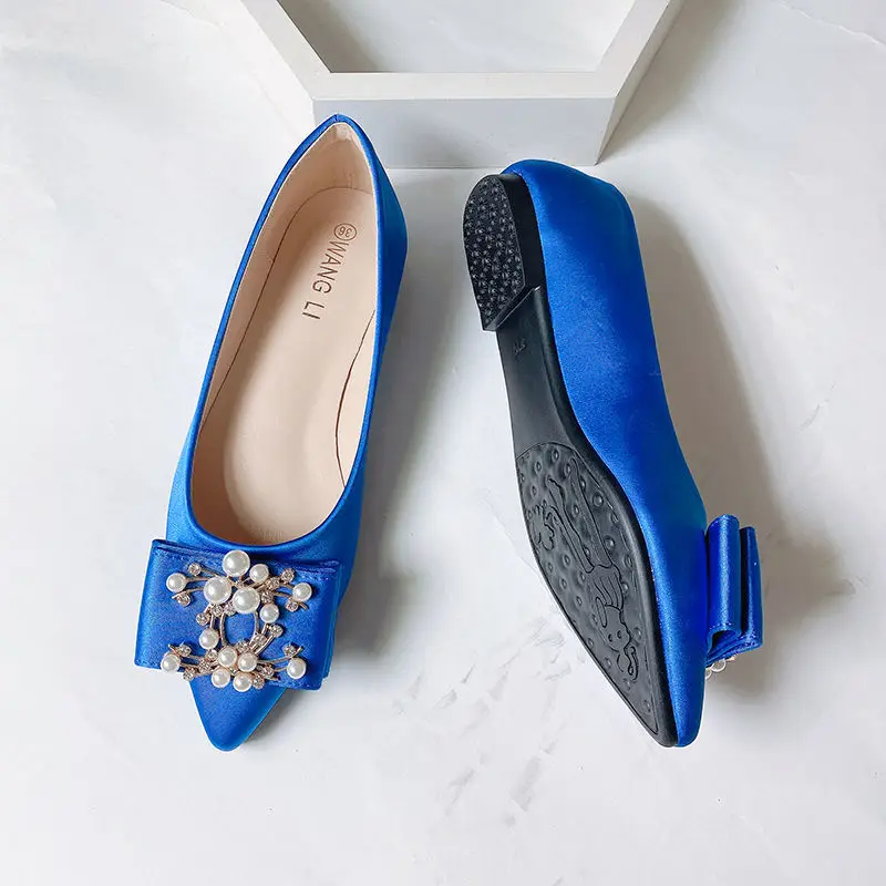 Silk Satin Wedding shoes Flats Plus Big Size Elegant Women Shoes,Dark Blue/Royal Blue Satin Pears Shoes Loafers SIZE31-44 US11