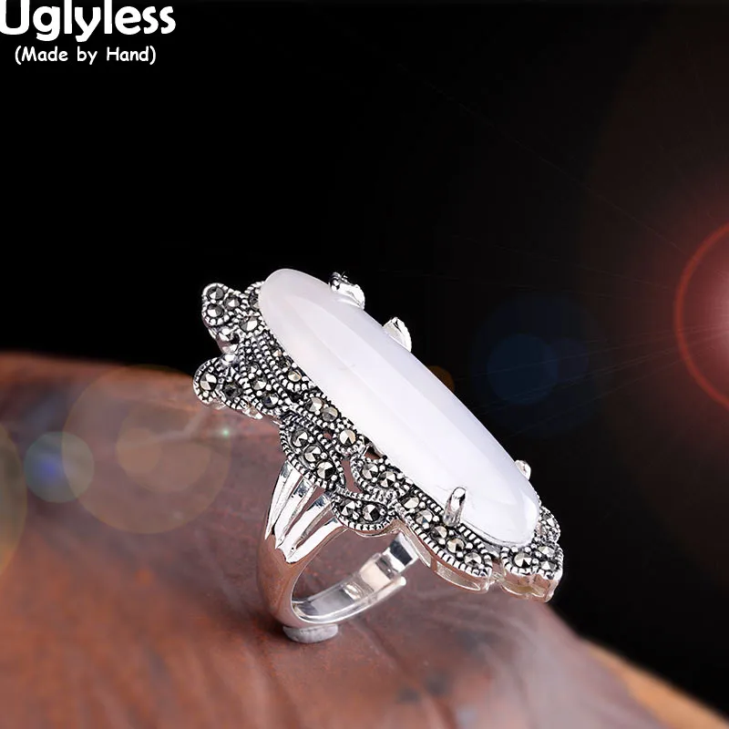 Uglyless Irregular Long Gemstones Rings for Women Colorful Chalcedony Rings Vintage Thai Silver 925 Silver Exaggerated Jewelry