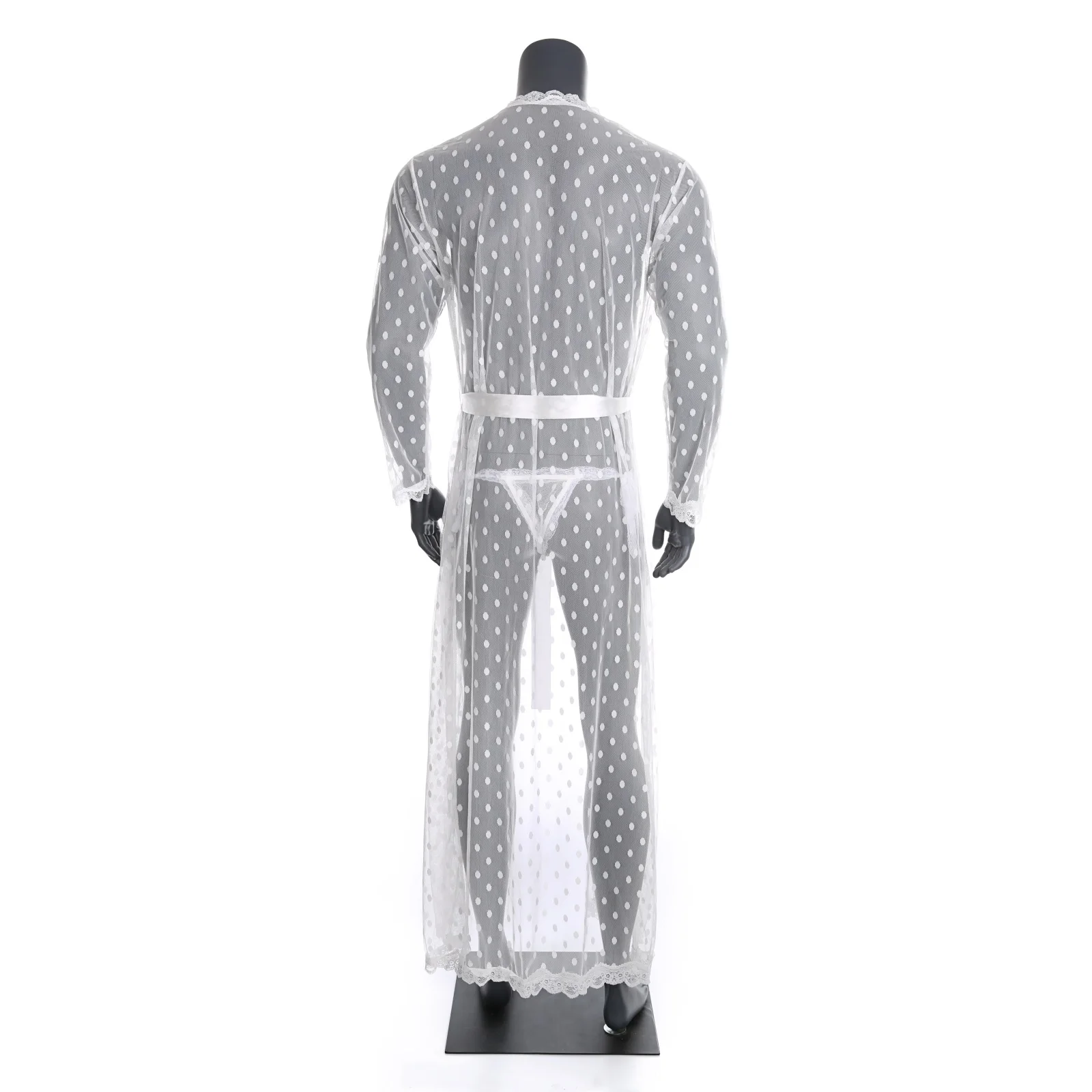 CLEVER-MENMODE Lungewear Mens Sleepwear Sexy Long Robe Transparent Lace Cardigan Bathrobe One-piece Nightwear Sleepwear T-back