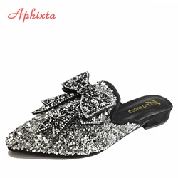 Aphixta Sequined Bow Pointed Toe Mules Shoes Women Slippers Butterfly-knot Flip Flops Sequines Square Heels Slip On Slides Womam