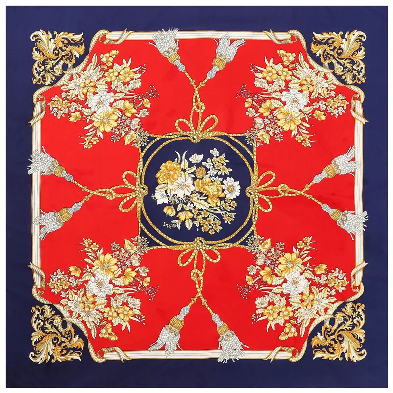 POBING 100% Silk Scarf Women Large Shawls Floral Rope Stoles Square Bandana Luxury Kerchief Hijab Scarf Female Foulards 130CM