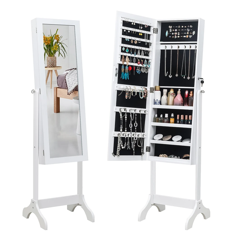 Non Full Mirror Wooden Floor Standing 4-Layer Shelf Jewelry Storage Adjustable Mirror Cabinet Jewelry  Cabinet * White