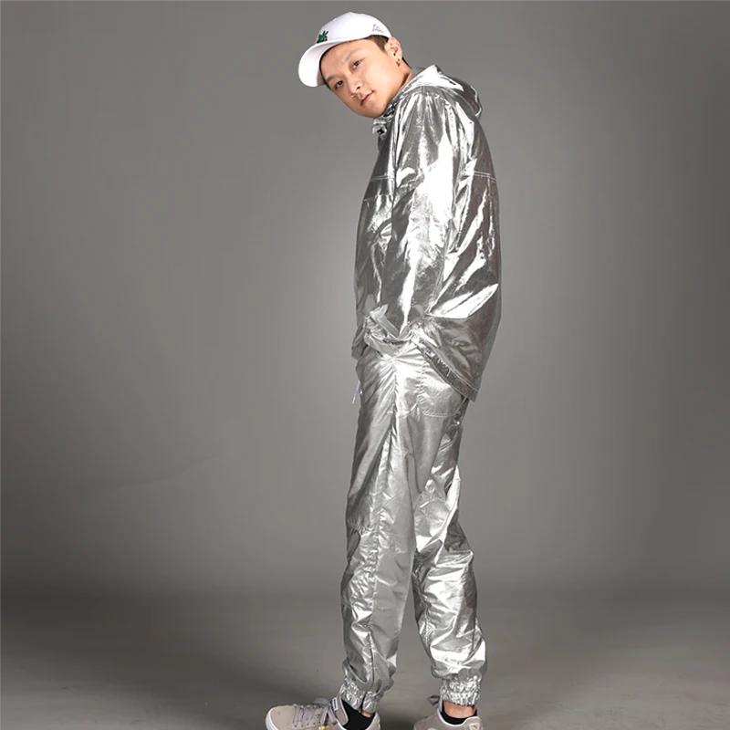 Long-Sleeved Hip Hop Clothes Shows Suit Bright Silver/Gold/Black Hoodies Pants Street Dancing Outfits Team Stage Costume VDB1712