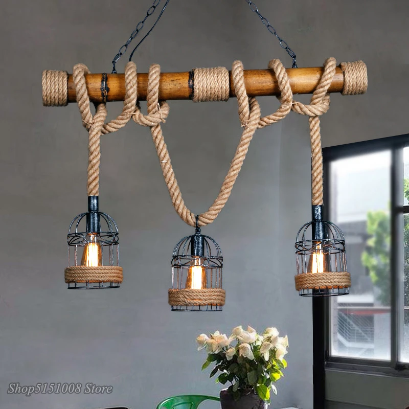 Vintage Pendant Lights loft Hemp Rope Bamboo Iron Cage hanging lamp Hand Knitted Luminaria for Restaurant bar Lighting Fixtures