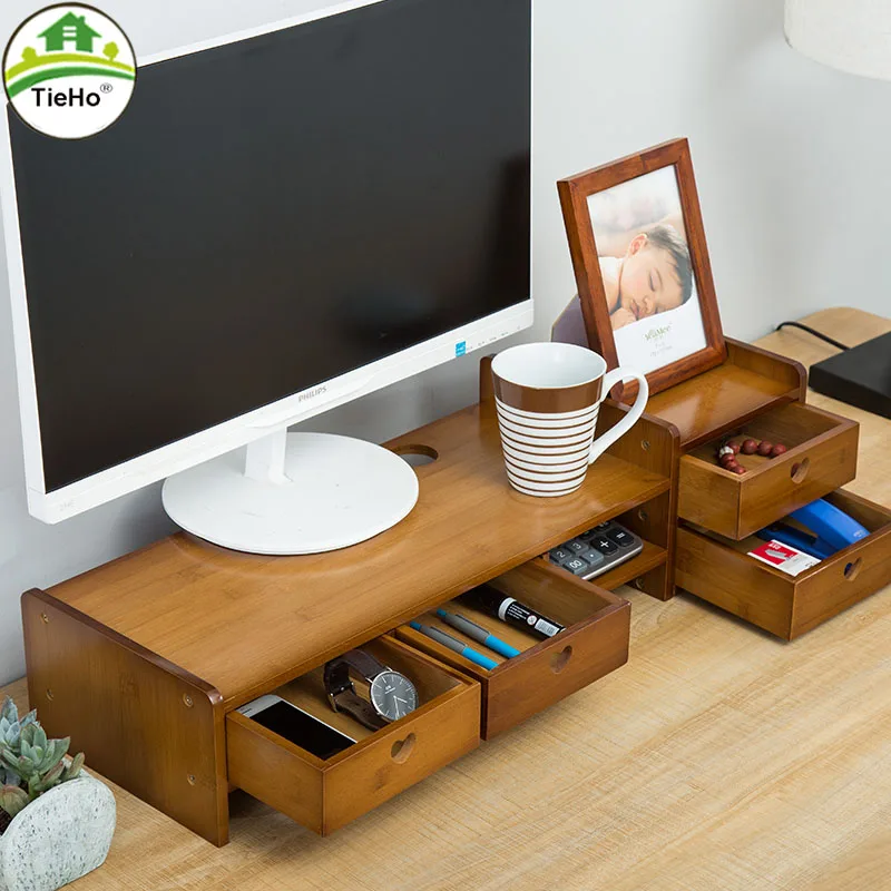 

Bamboo PC Monitor Counter Table Base Holder With Drawer Storage Box for Home Office Computer Screen Support