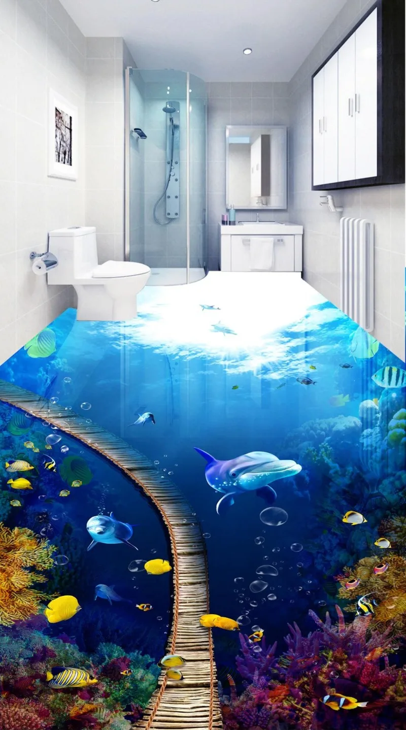 Bathroom 3D Floor Mural Painting Living Room Restaurant Self-Adhesive underwater world dream 3D floor