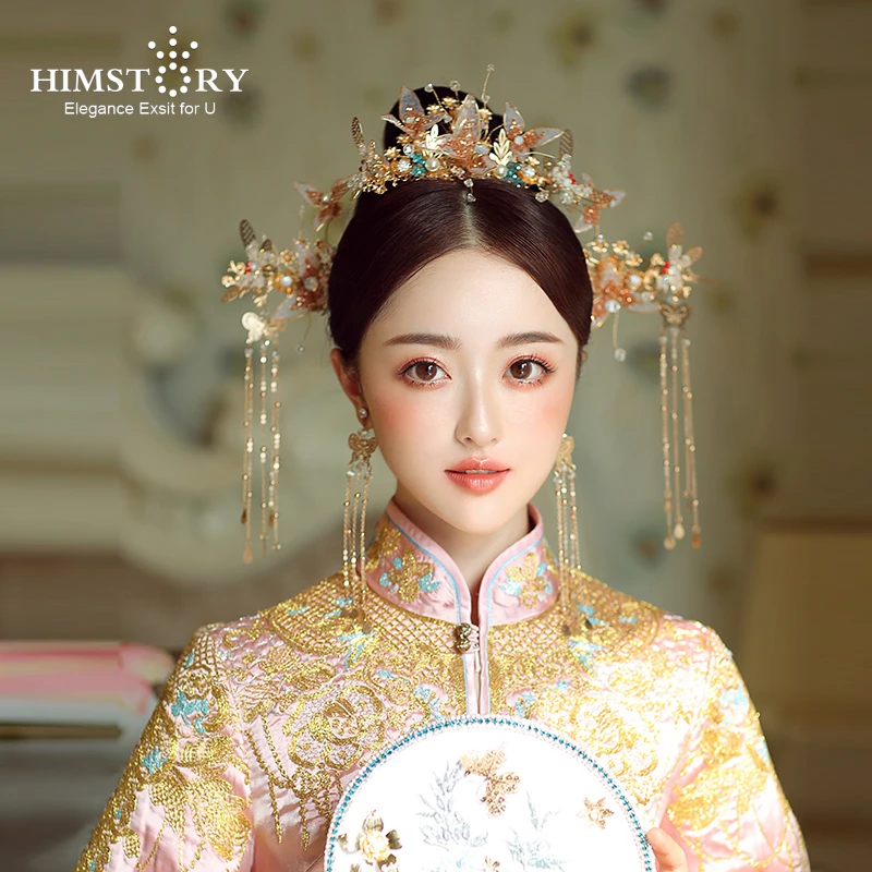 HIMSTORY Traditional Chinese Brides Wedding Phoenix Crown Hair Ornaments Ancient Draggonfly Suits Vintage Bridal Hair Accesories