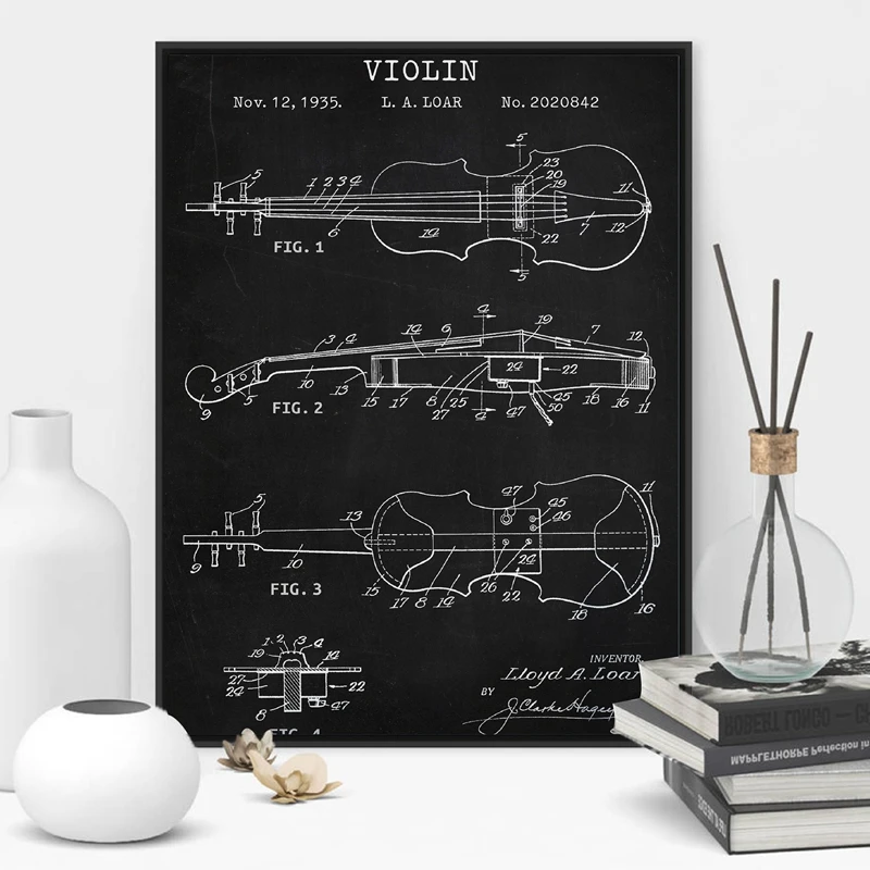 Musical Instrument Violin Blueprint Art Canvas Painting Music Vintage Posters and Prints Musician Gift Music Room Wall Decor