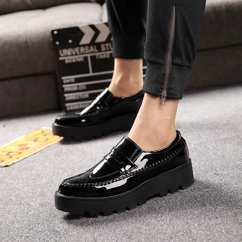 mens casual business wedding formal dresses black platform shoes slip-on lazy shoe oxford patent leather loafers chaussure homme