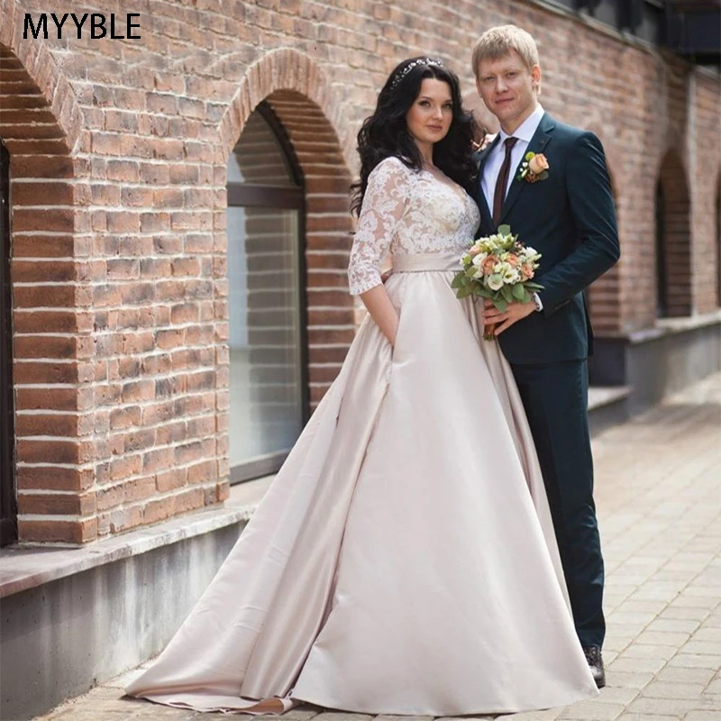 مقاس كبير ساتان رقبة v خط فساتين زفاف مع دانتيل زينة نصف كم فستان زفاف مع جيب vestidos de formatura