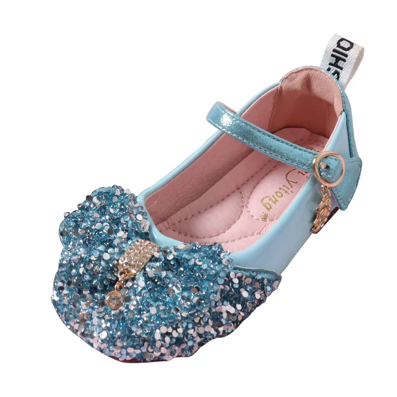 Princess Kids Leather Shoes Glitter Crystal Children High Heel Girls Butterfly Knot Catwalk Show Shoes Student Performance Shoes