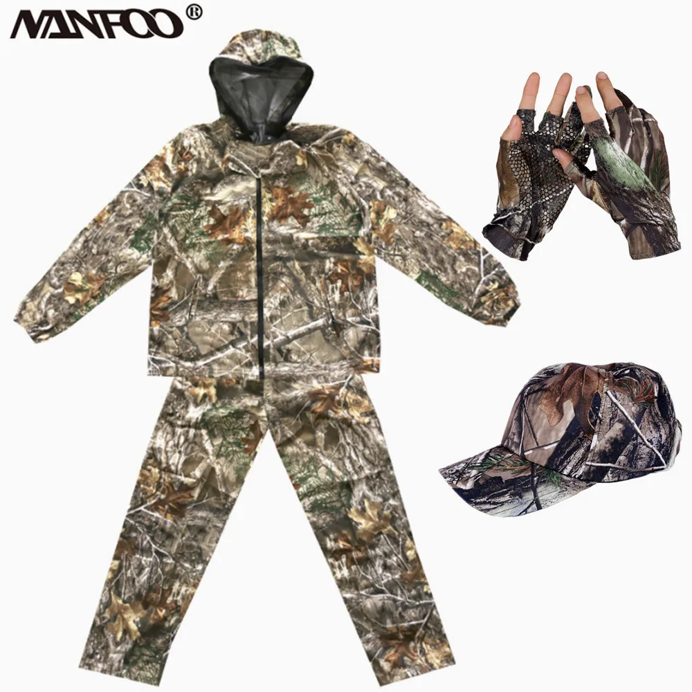 NEW Spring Autumn Bionic Camouflage Hunting Clothing Sunproof Anti-Mosquito Fishing Suit Climbing Camping Hooded Jacket Pants