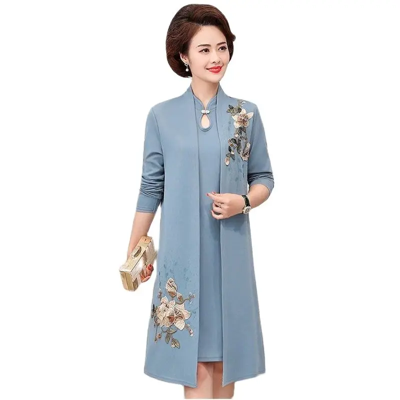 2024 Ladies Spring Autumn Embroidery Coat + Stand-Up Collar Dress Over The Knee New Women Loose Fashion Female Two-Pece Suit