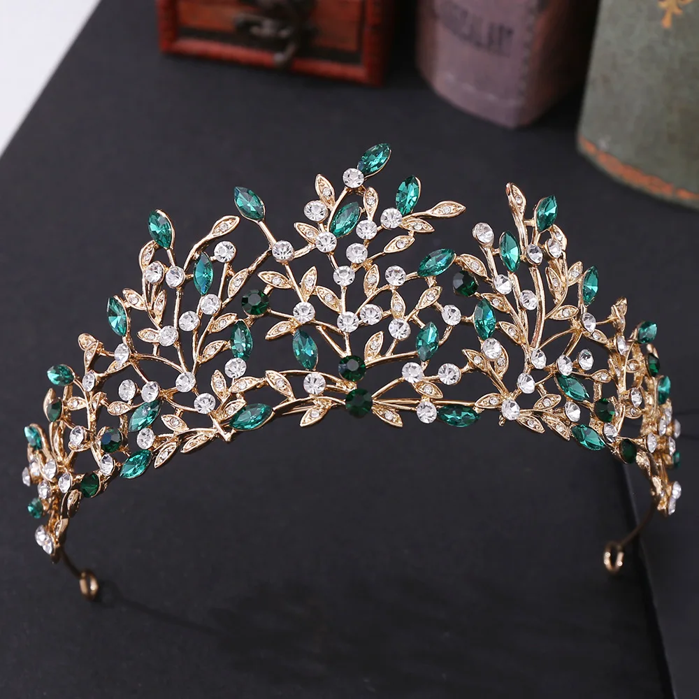 Baroque Retro Gold Color Green Crystal Leaf Bridal Tiara Crown Rhinestone Pageant Diadem Bride Headband Wedding Hair Accessories