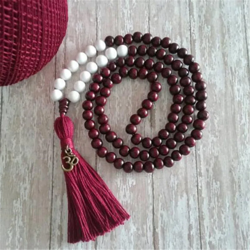 

8mm White Jade Wood Beads Handmade Tassel Necklace Bracelet Religious Retro Japa Tibetan Meditation Yoga Mala Prayer