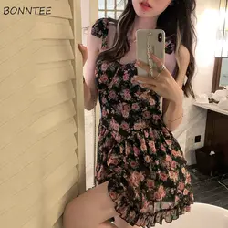 Sleeveless Dresses Women Summer Leisure Printing Simple Students Floral Elegant Fashion Ulzzang A-line Mini Street Style Female