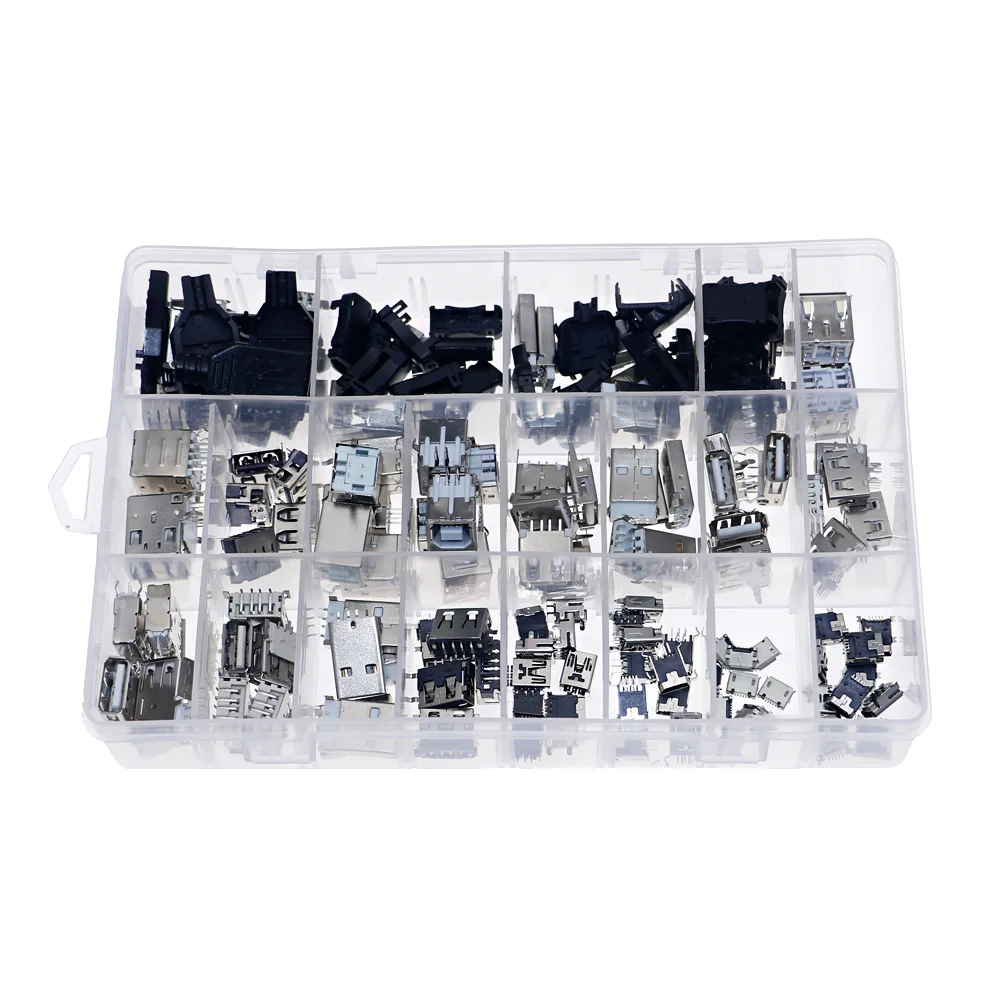 119Pcs/Box USB socket connector combination kit set Micro / Mini / DIY USB Male and Female Head with plastic case