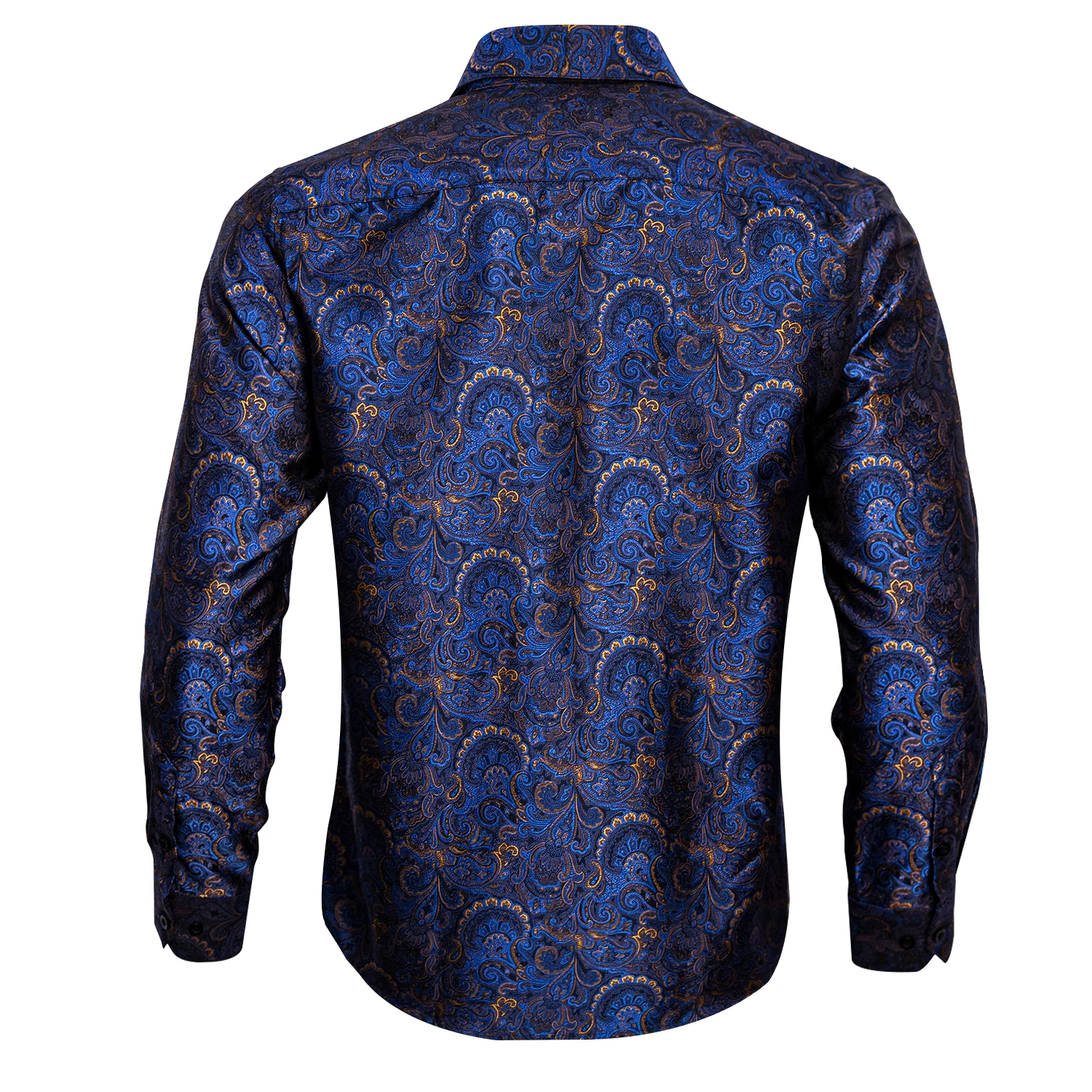 Barry.Wang Blue Gold Paisley Bright Silk Shirts Men Long Sleeve Casual Flower Shirts For Men Designer Fit Dress Shirts BCY-07