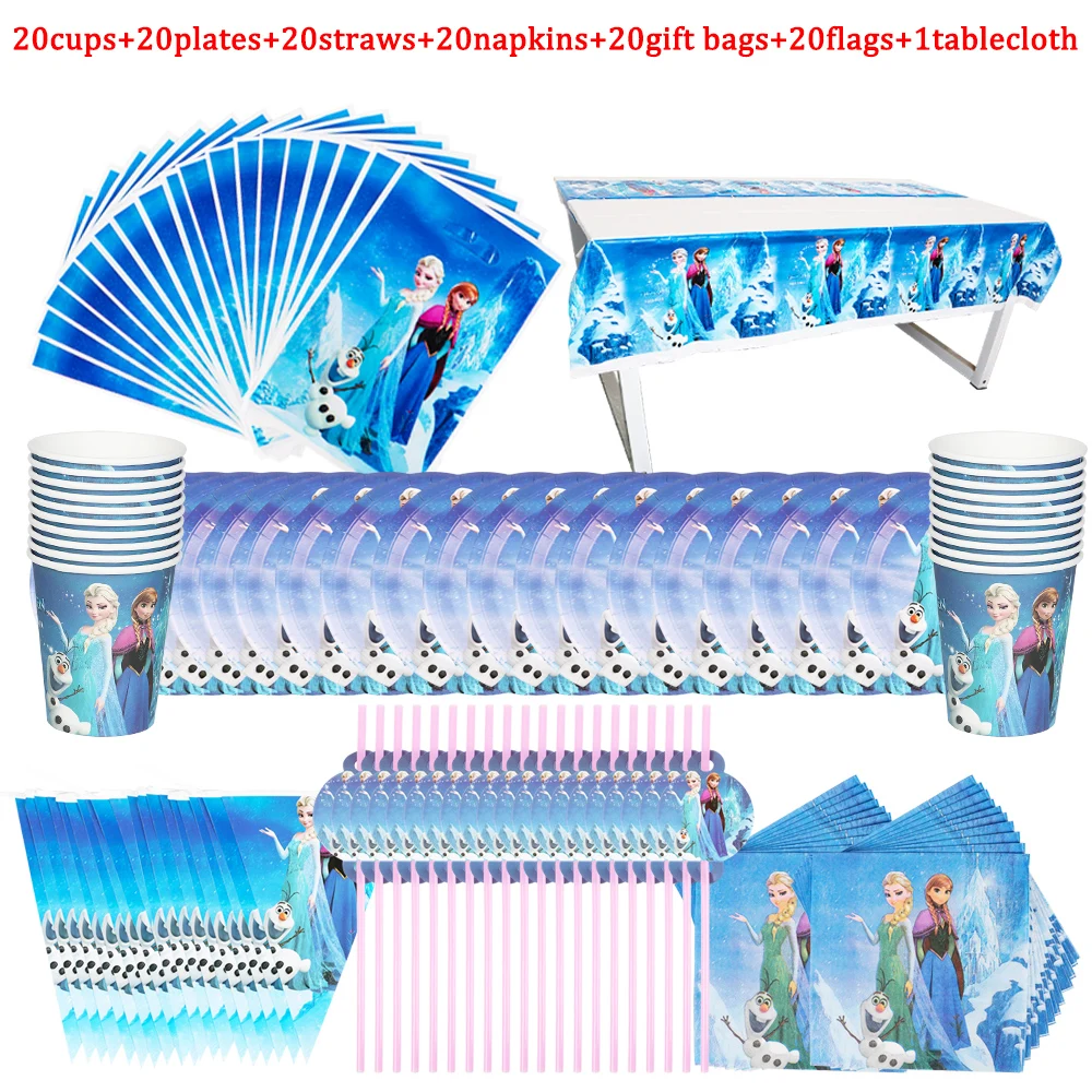 Princess Frozen Party Supplies Disposable Tableware Cartoon Characters Cup Straws 60/80/100/121Pcs Kids Favor Baby Shower Gifts