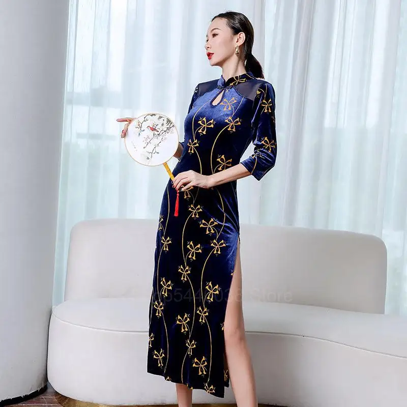 

3/4 Sleeve Cheongsam Style Oriental Classical Dance Modern Stage Performance Dress Slim Dress Elegant Evening Dress Sexy Dress