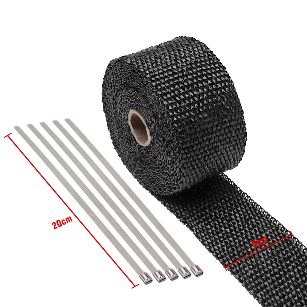 5M ROLL Motorcycle Black Fiberglass Exhaust Header Pipe Heat Wrap Tape+ Ties Kit