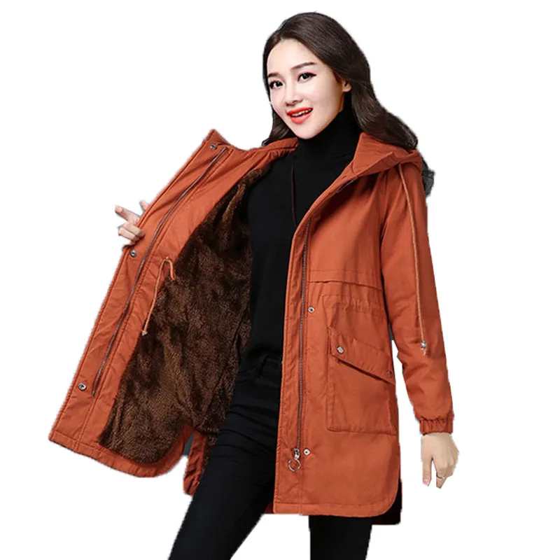 

Women's Cotton Coat Winter Parker Coat Mid-Long Hooded Add Velvet Thick Keep Warm Winter Jacket Casual pocket Outerwear Female