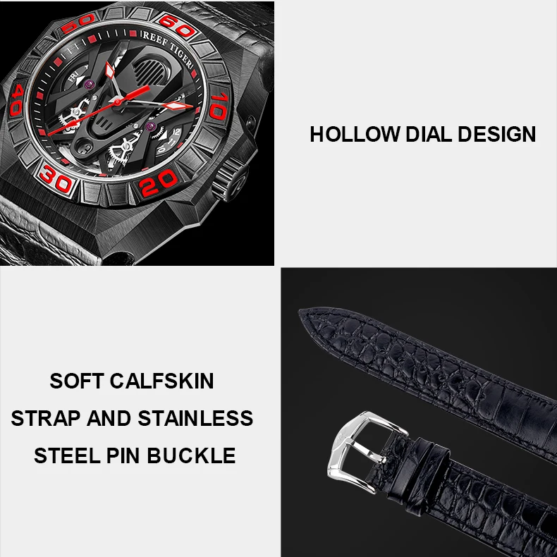 Reef Tiger Mens Orologi Militari Orologio Automatico da Uomo Orologio da Polso Meccanico Diving 200M Impermeabile Scheletro Zaffiro Specchio