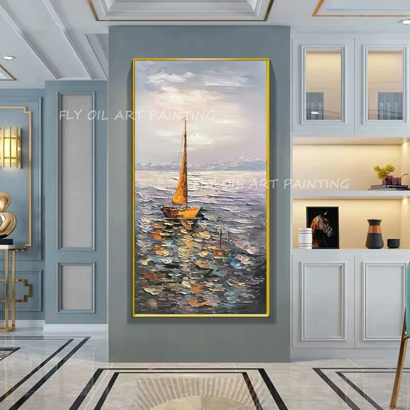 

Colorful Boat Ocean Blue Canvas Artist Handmade High Quality Oil Painting Wall Artwork for Living Room Home Decoration No Frame