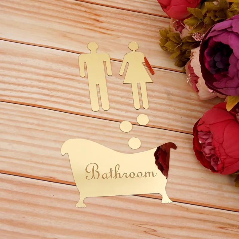 1 Set  Bathroom, Men, Women Entrance Sign Acrylic Mirror Surface Door 3d Mirror Surface Wall Sticker Home Decoration