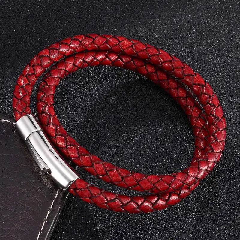 

Trendy Multilayer Men Women Leather Bracelet Steel Snaps Red Braided Multi Layer Wrap Jewelry Bangles BB0488