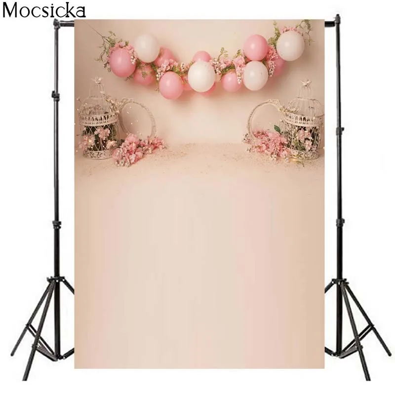 Girl Birthday Portrait Photography Backdrop Floral Cage Balloons Pink Newborn Baby Portrait Cake Smash Background Photo Studio