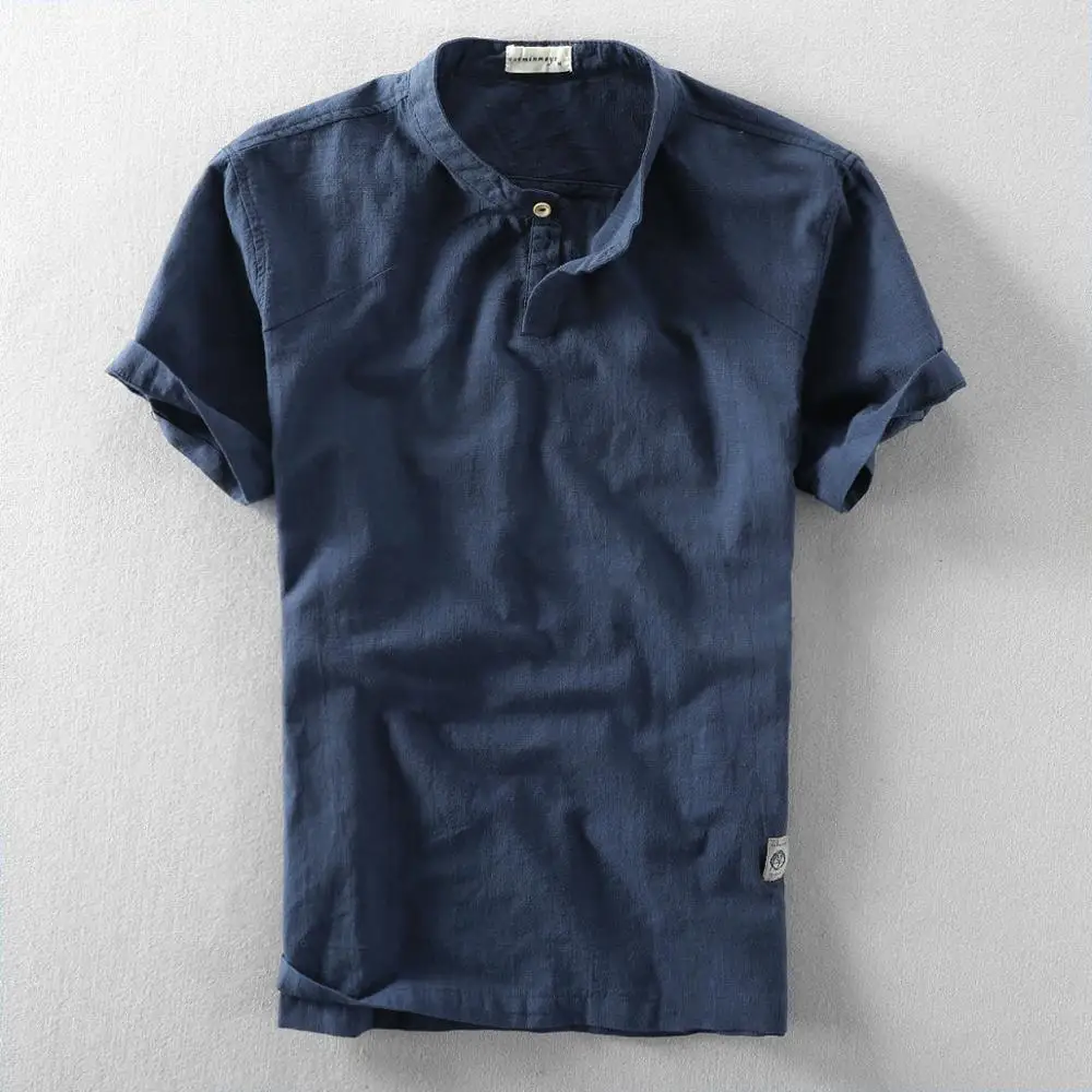 Summer Fashion Men Short Sleeve Cotton Linen Shirt Stand Collar Solid Breathable Male T Shirt Tees