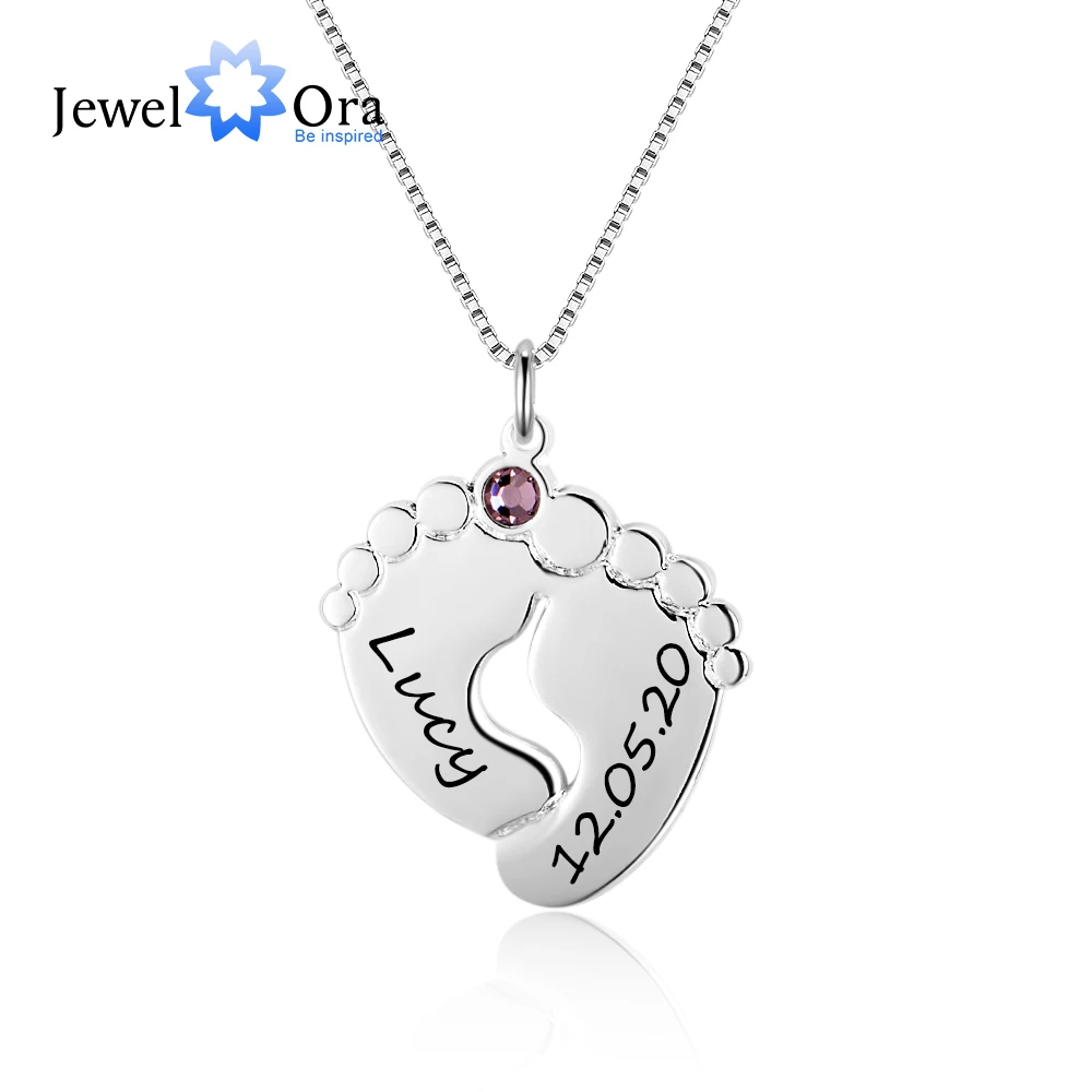 JewelOra Personalized Baby Feet Necklace with Birthstone Silver Color Custom Name Pendant Necklace Gift for Mother Mom Jewelry