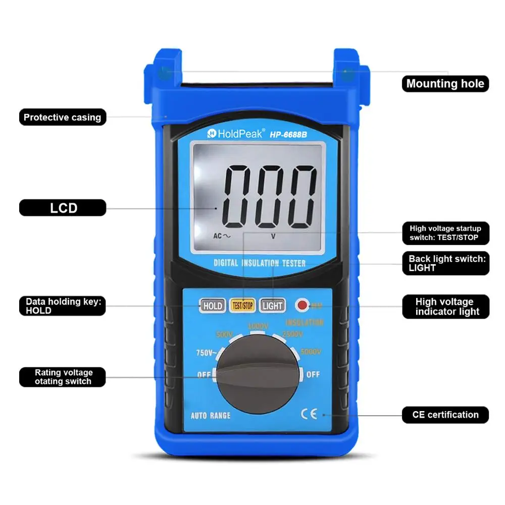 HoldPeak-Probador de resistencia de aislamiento digital, instrumento de medición de voltaje profesional, rango automático, portátil, HP-6688B, 5000V