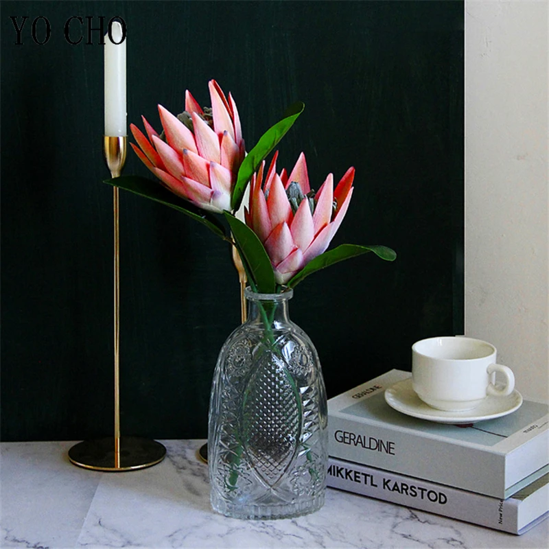 YO CHO Artificial Flower Silk King Protea DIY Flower Arrangement Fake Emperor Flowers White Home Party Wedding Table Decoration