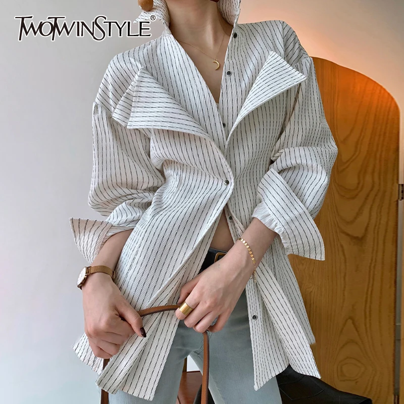 TWOTWINSTYLE Korean Patchwork Ruffle Shirt For Women Lapel Long Sleeve Striped Casual Fake Two Shirts Female Fashion New Clothes