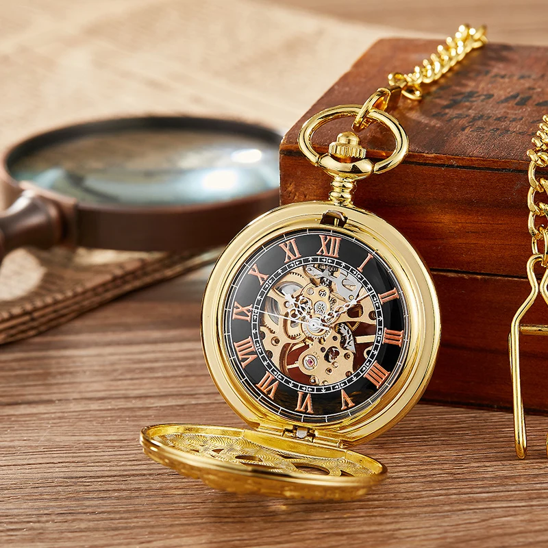 

Antique Mechanical Pocket Watch Steampunk Hollow Analog Skeleton Clock Silver Gold Black Chain Necklace for Men Women Gift