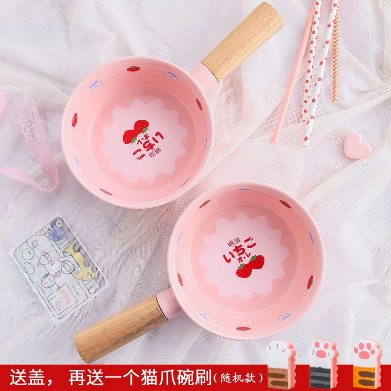 Japanese style wooden handle strawberry ceramic bowl cute instant noodle bowl oatmeal breakfast bowl snail noodle bowl HP92701