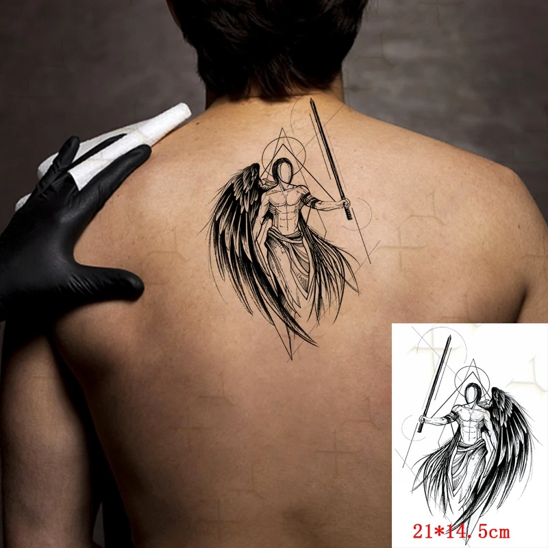 Waterproof Temporary Tattoo Sticker Angel Warrior Wing Sword Feather Fake Tatto Flash Tatoo Back Leg Big Size Art for Women Men