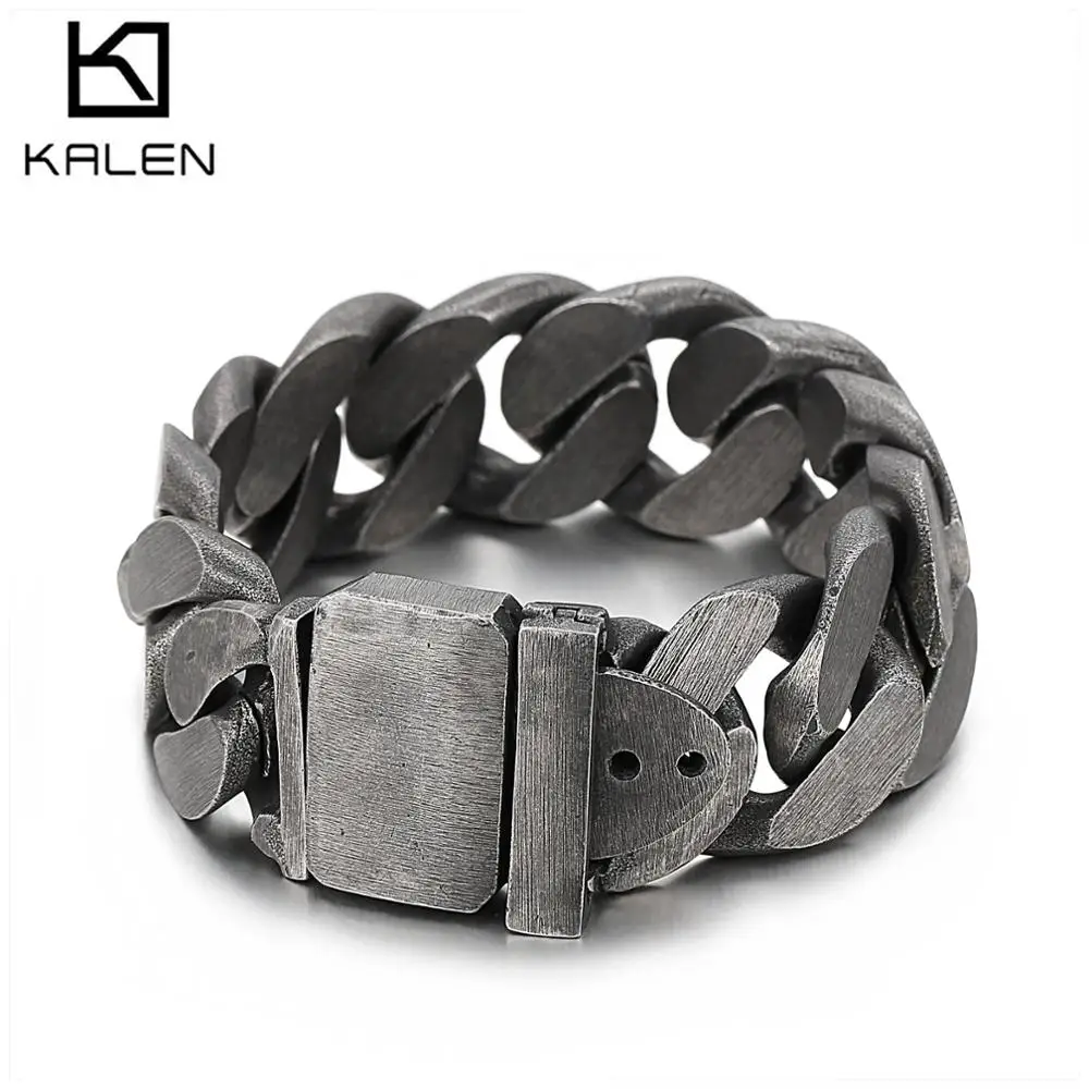 25mm Masculine Heavy Bracelet Men Ancient Black Stainless Steel Mens Bracelets With Belt Buckle His Metal Manly Wrist