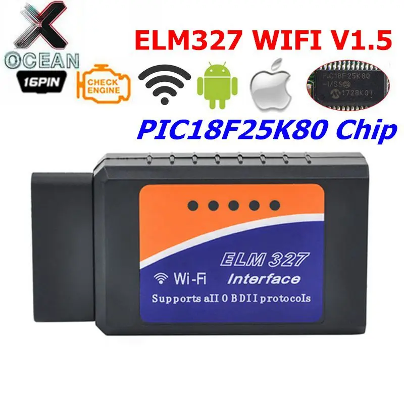 

ELM327 WIFI Hardware V1.5 PIC18F25K80 Chip OBDII Code Reader ELM 327 WIFI V1.5 Supports Android/iOS/Windows OBD2 Diagnosis Tool