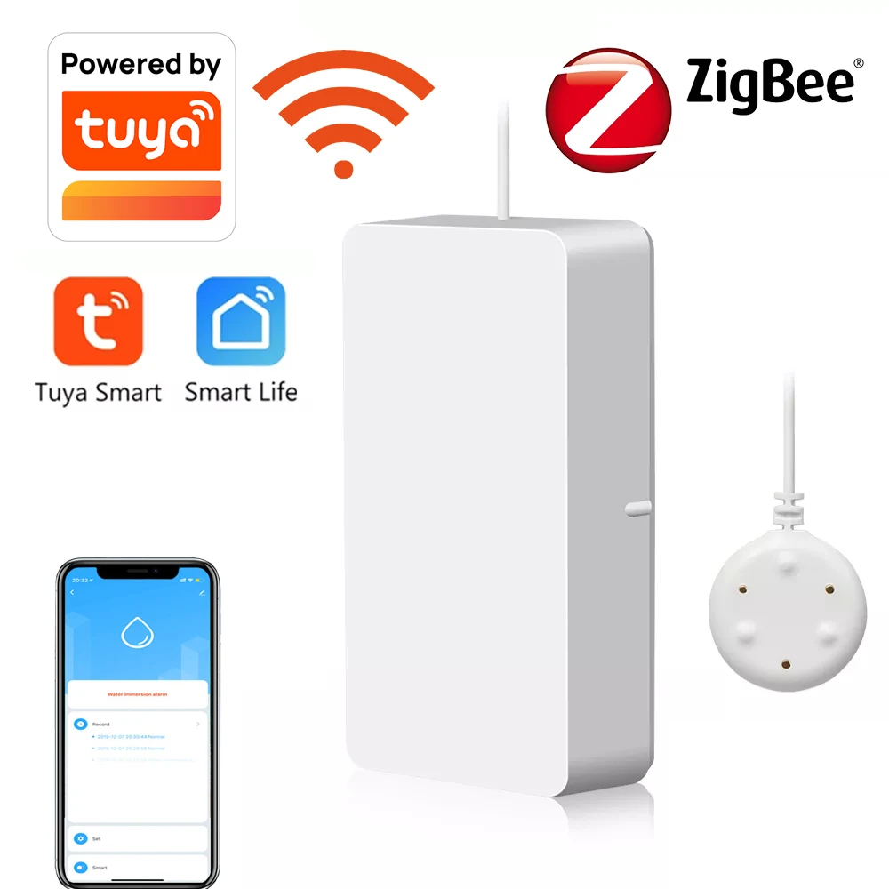 Tuya Smart WIFI /Zigbee Sensor de fugas de agua, Detector de alerta de inundación, sistema de alarma de seguridad de desbordamiento, alarma de fugas