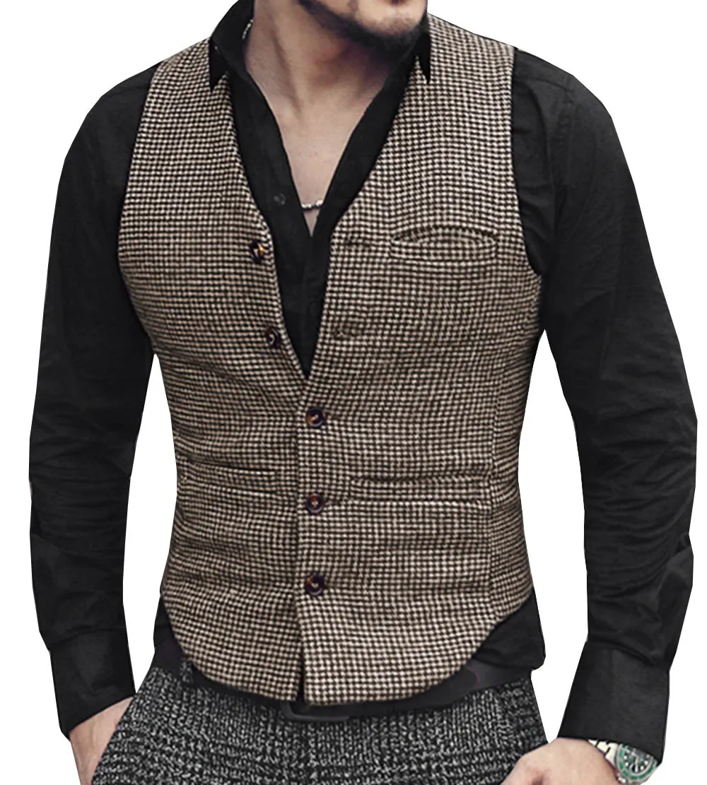 Men\'s Suit Vest tweed Brown Steampunk Waistcoat Casual Slim Fit Black Satin Back Formal Business Groomman Clothing Man Wedding