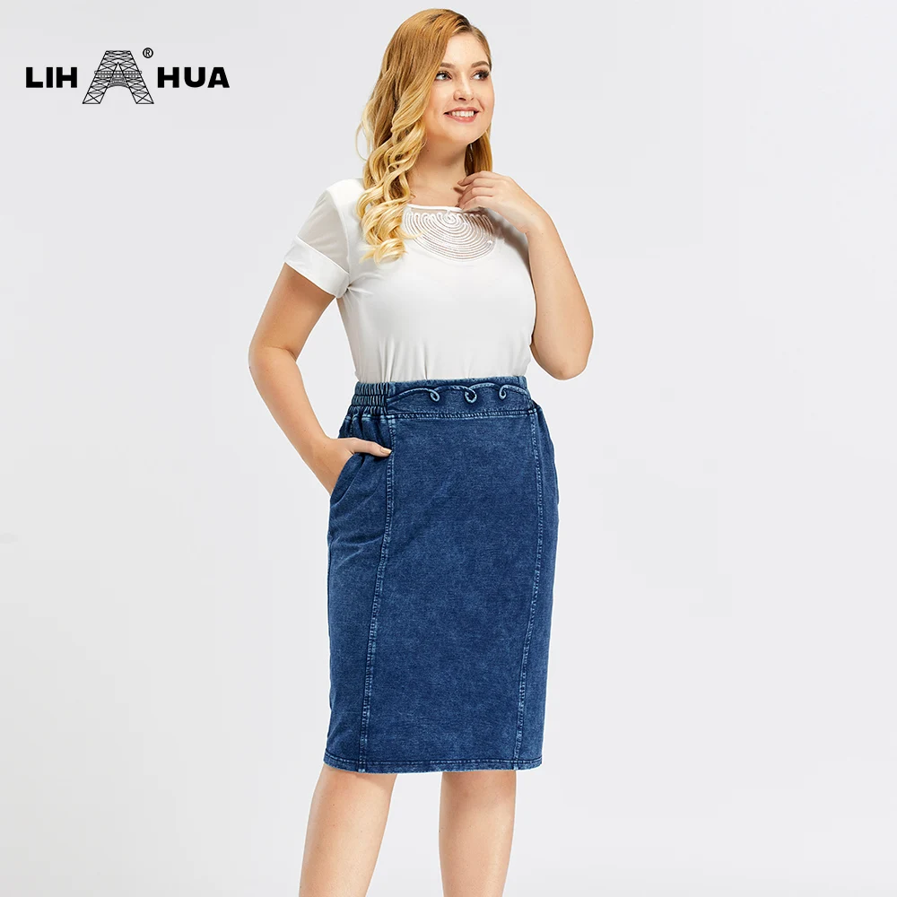 LIH HUA Women\'s Plus Size Denim Skirt Cotton Spring Elastic Fashion Casual Knit Skirt