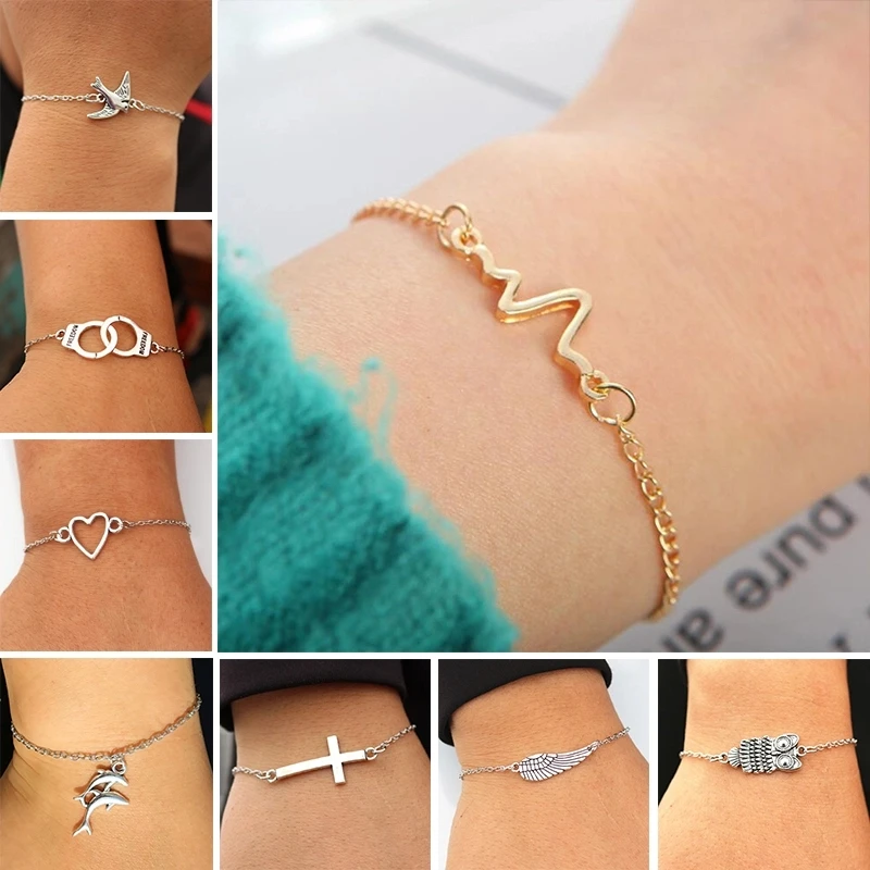 Personality Charm Women\'s Bracelet Heart Shape Bracelet Silver Color Alloy Girls Korean Sweet Cute Jewelry pulseras mujer moda