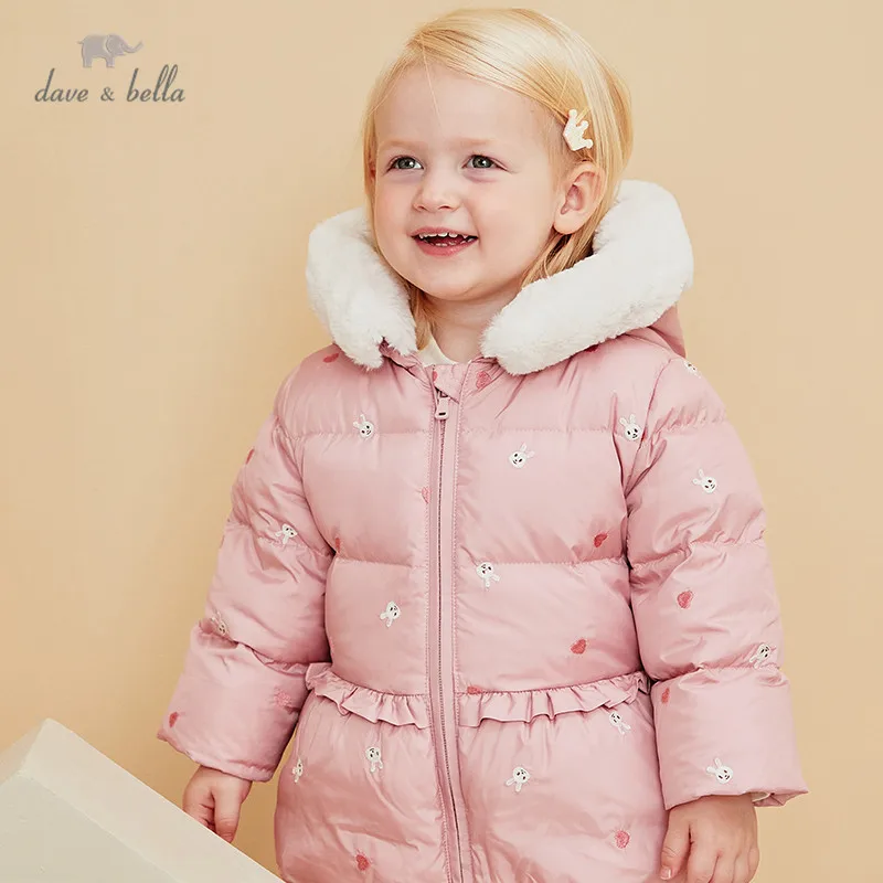 DBM15984 dave bella winter baby girls fashion cartoon fur hooded down coat children 90% white duck down padded kids jacket