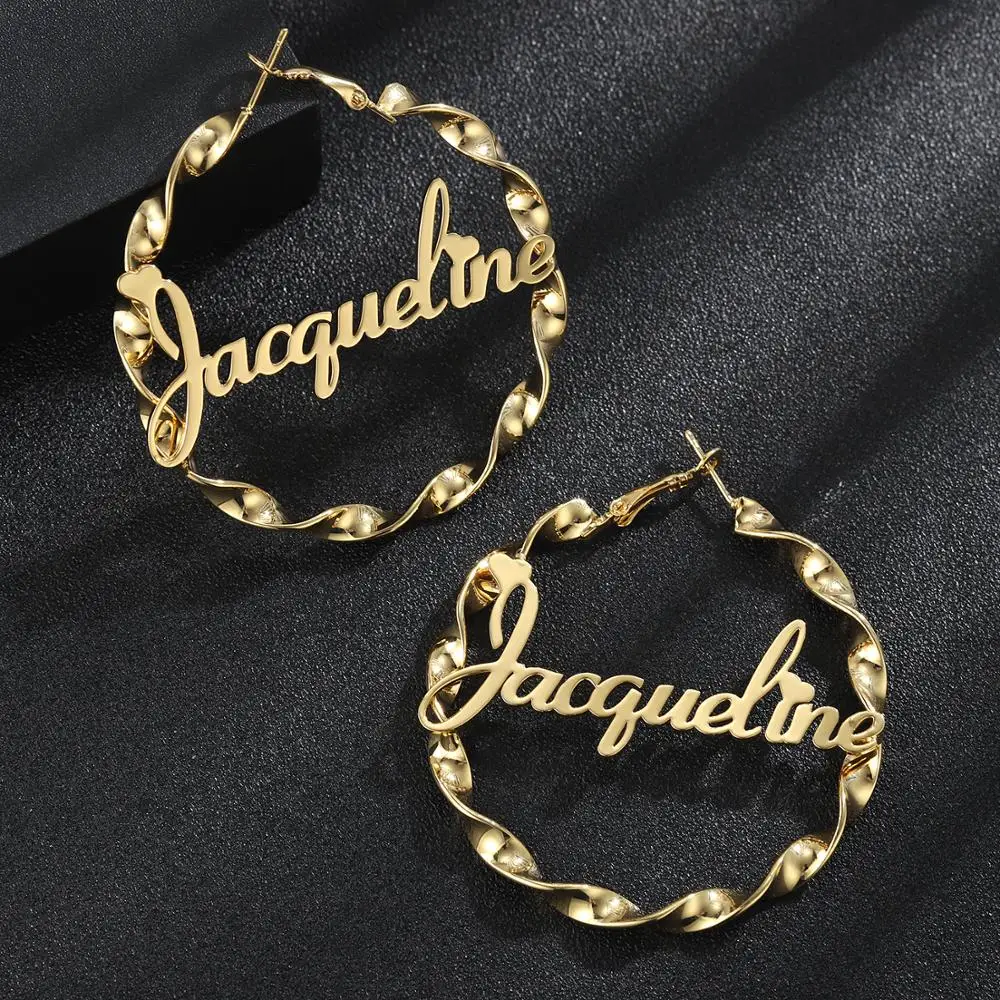 High Sales 50MM Custom Hoop Earrings Custom Name Earrings Twisted Hoop Earrings With Statement Text Christmas Gift for Women